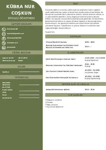 Biyoloji Öğretmeni CV Örnekleri cv indir